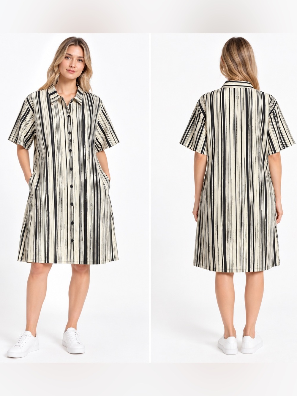 Marimekko Monoliitti Siluetti Women’s 42 Black Ivory Stripe Cotton Tunic Shirt